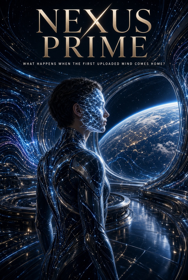 Figure with a networked digital face beside a view of Earth